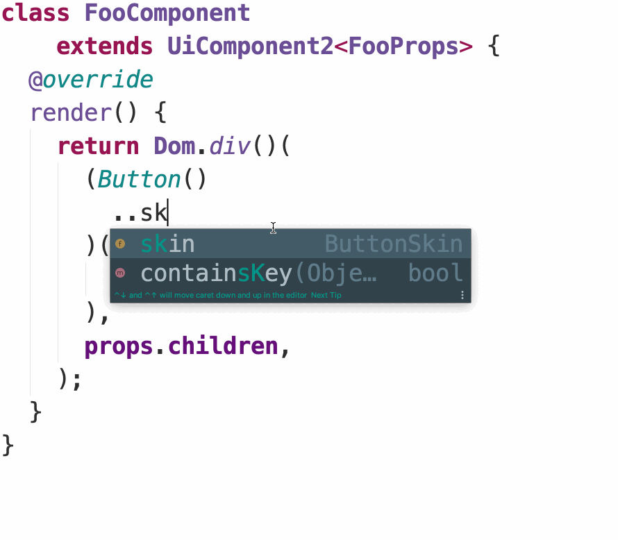 over_react UI component IDE auto completion example